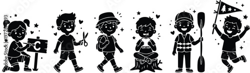 Black and white children camping activities vector art with sign cooking hiking paddle and flag