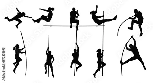 Set of black silhouettes showing male and female pole vault athletes during approach, takeoff, bar clearance, and descent phases, isolated on a clean white background.