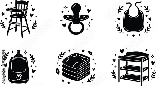 Black and white baby items set with high chair pacifier bib bottle towel and changing table