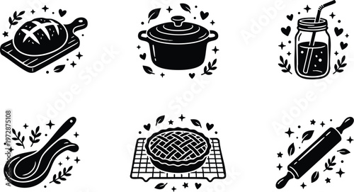 Black and white kitchen icons bread pot jar spoon pie rolling pin vector art