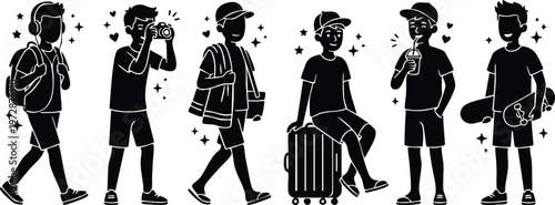 Six boys with backpack camera luggage drink and skateboard