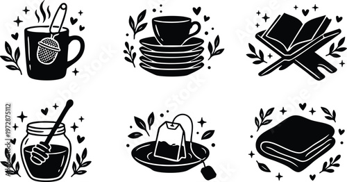Black and white tea mug with infuser and cozy book and honey jar vector art