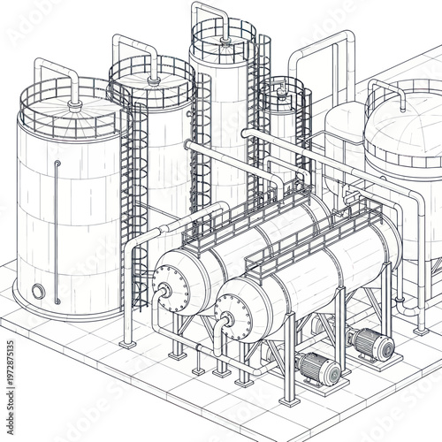 Industrial Chemical Plant with Storage Tanks and Pipelines.