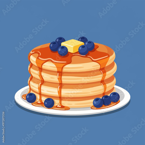 Flat design vector illustration of a stack of four pancakes on a white plate, topped with a square of butter, dripping maple syrup, and blueberries against a blue background.