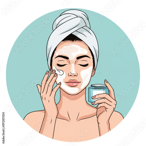 Vector illustration of a woman with a white towel wrap applying cosmetic facial cream or a skin mask from a jar while eyes are closed; set against a circular teal background.