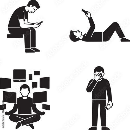 Digital Burnout and Mental Fatigue Minimal People Silhouette Vector Illustration Modern Stress Concept