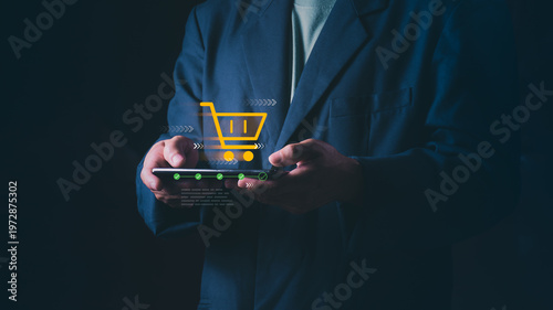 Photos Businessman using smartphone for online shopping with digital cart and progress bar