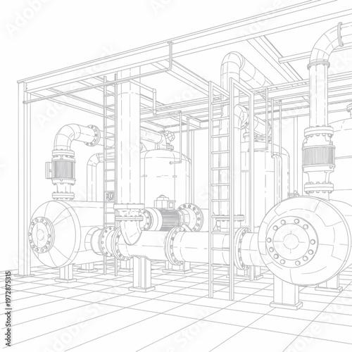 Industrial pipeline system blueprint with pumps and valves in a factory setting.
