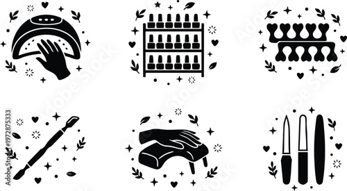 Black and white manicure tools set with hand and polish bottles vector art