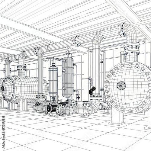 Industrial pipeline system with large tanks and valves in wireframe.