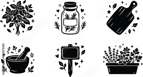 Black and white kitchen herb set with mortar jar cutting board and planter box vector art