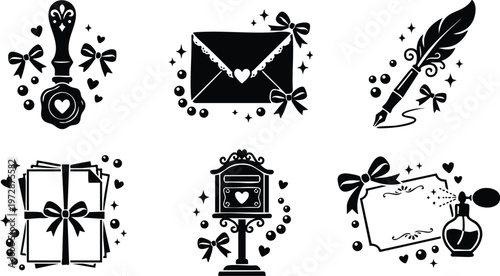 Black and white vintage love letter collection with hearts bows and quill pen