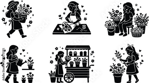 Women gardening watering arranging and selling flowers