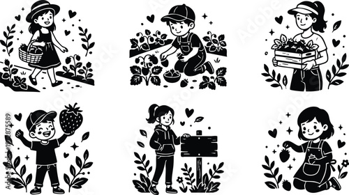 Children picking strawberries and gardening outdoors