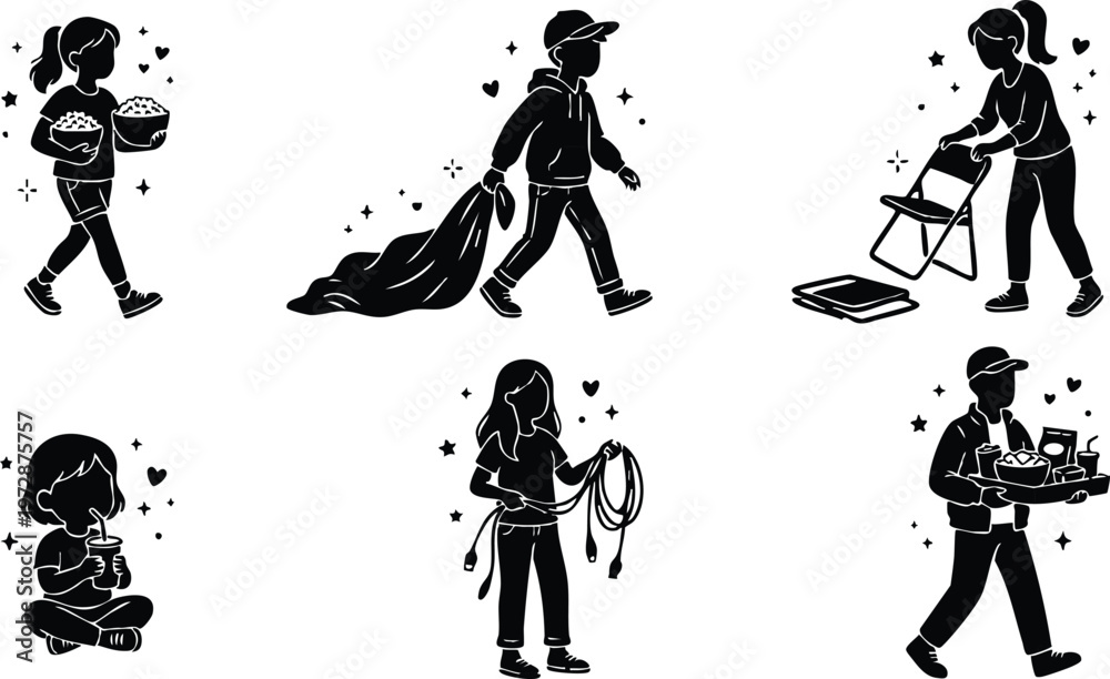 Fototapeta premium People carrying popcorn food and cleaning chair