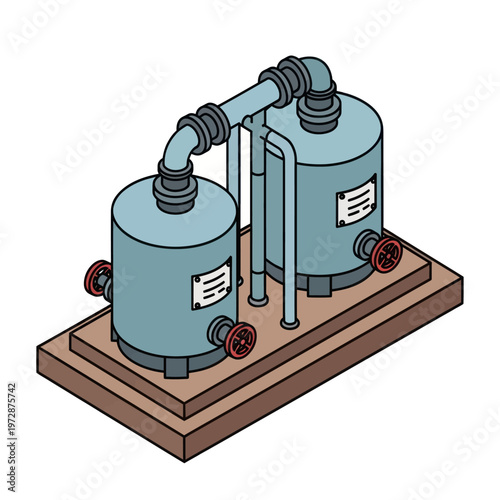 Industrial water treatment system with two large tanks and connecting pipes.