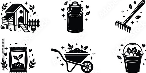 Black and white farm icons including chicken coop milk can rake seed bag wheelbarrow and bucket