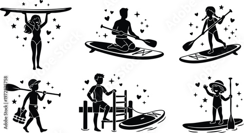 Black and white silhouettes of diverse people with paddleboards in various poses and activities