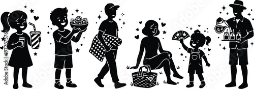 Black and white picnic scene with family holding drinks and food in flat vector art