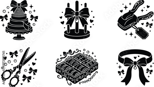 Elegant gift box scissors ribbon bow and cake