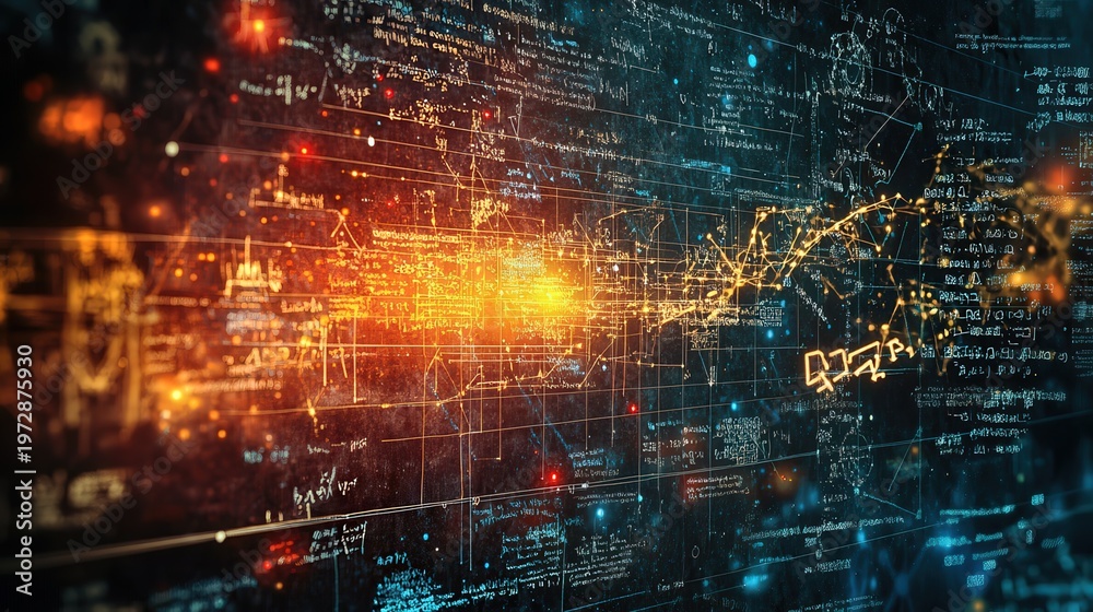 Obraz premium A futuristic digital artwork depicting a complex network of glowing lines and codes on a dark background