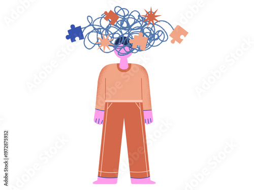 Entangled Mind: A person embodies the state of cognitive disarray, with thoughts and ideas twisted into an intricate, colorful mess.