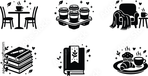 Black and white cozy coffee and book icons set with steaming cups and comfortable armchair