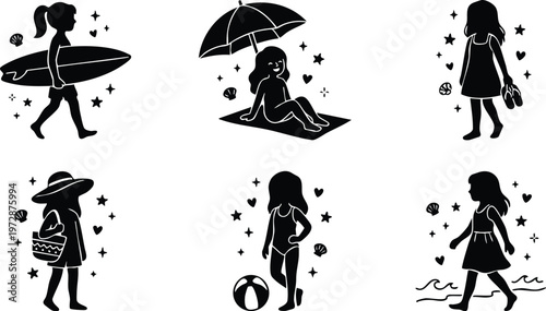 Silhouette girls at the beach with surfboard umbrella and ball vector art
