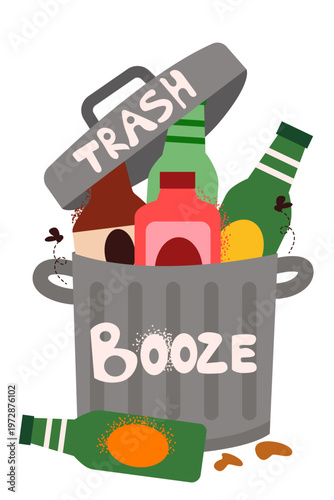 Trash Can Overflowing with Booze: A vivid depiction of a overflowing trash can filled with discarded alcohol bottles, symbolizing the aftermath of excess and the consequences of overindulgence.