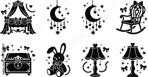 Black silhouette nursery canopy moon stars rocking chair lamp bunny chest vector art