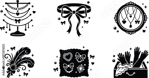 Black and white vintage jewelry stand bow feather frame and gloves vector art