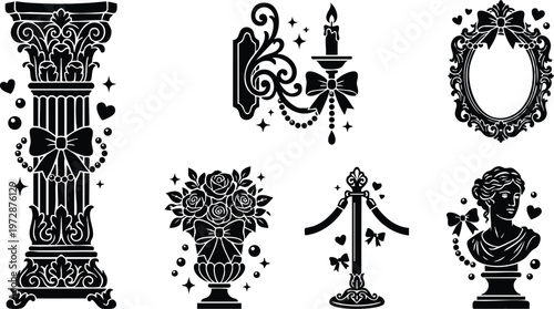 Ornate black silhouette column vase candle mirror and bust vector art