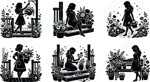 Black and white silhouette woman gardening with flowers and watering can set