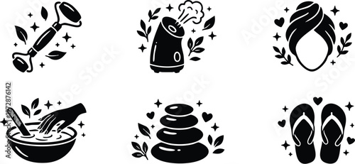 Black and white spa tools massage stones facial roller towel and slippers icons