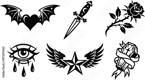 Black and white gothic winged heart dagger rose eye star and coffin vector art