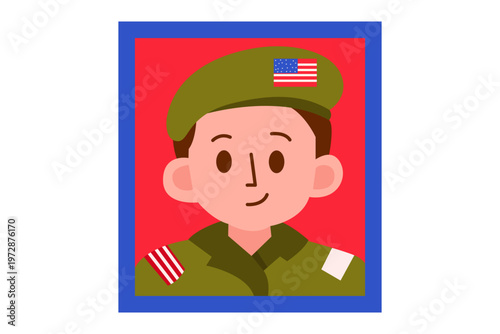 Patriotic Portrait: A dignified soldier, adorned in a beret bearing the stars and stripes, stands poised against a backdrop of national pride, embodying the essence of duty, sacrifice.