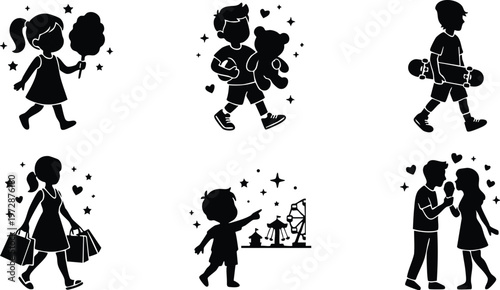 Silhouette children with carnival toys shopping and skating black and white vector art