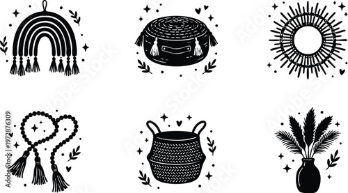 Black and white boho style rainbow tassel basket and sun vector art