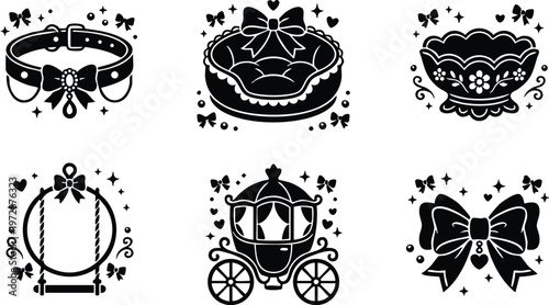 Black and white ornate bow collar chair swing carriage and cup vector art