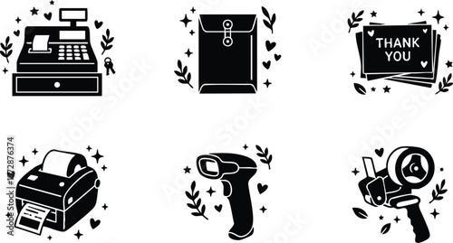Black and white vector art retail tools cash register barcode scanner and tape dispenser