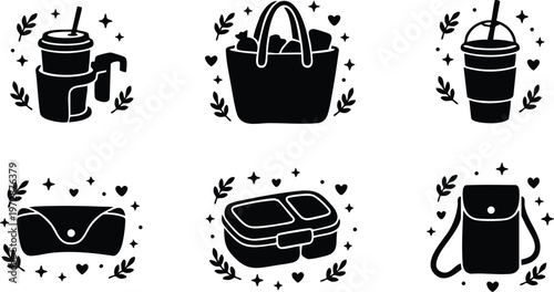 Black and white flat design coffee maker basket and lunchbox icons