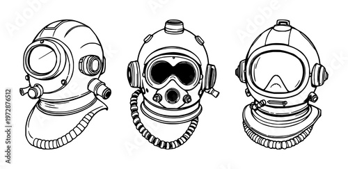 Vintage diving helmet set with black line art style featuring deep sea, nautical, retro illustration with classic and waterproof design