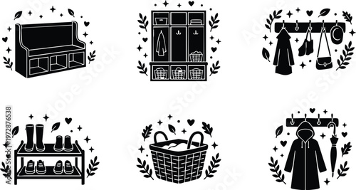 Black and white entryway furniture set with coat rack bench shoe shelf and laundry basket vector art