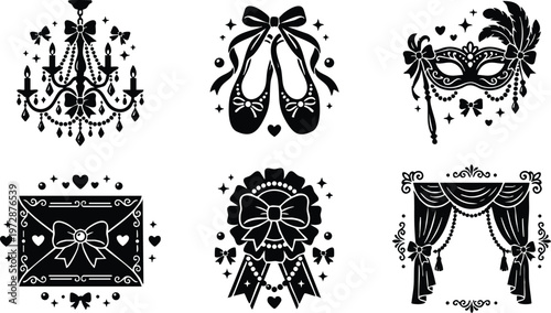 Black and white ballet shoes mask envelope ribbon chandelier curtain silhouettes