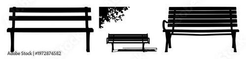 Park bench set with flat black silhouette on white background featuring benches, silhouette, outdoor furniture with minimalism and park scenery