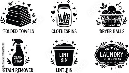 Black and white flat design laundry icons with folded towels clothespins lint bin and stain remover