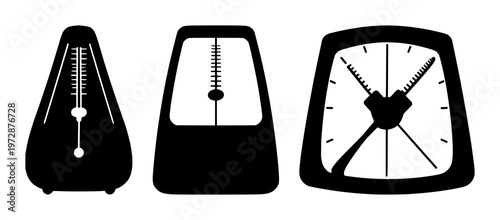 Metronome set with black silhouette on white background featuring metronome, rhythm timer, timekeeping instrument with musical, clock