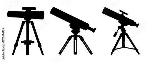 Telescope set with black silhouette on white background featuring telescope, astronomy, night sky with black and white and silhouette