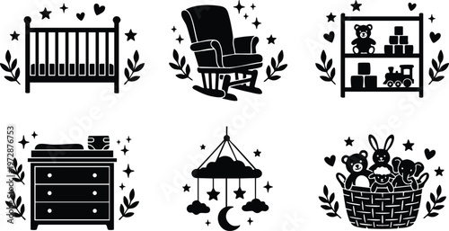 Nursery crib rocking chair toy shelf and mobile