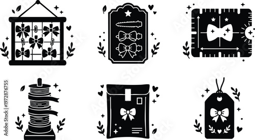 Black and white flat design bow tie icons with packaging measuring tape and tags